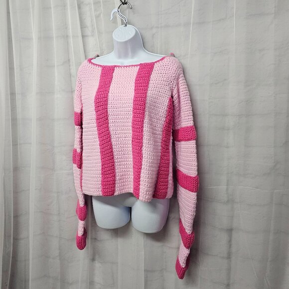 Handmade Pink Sweater Striped Colorblock Knit Pullover S/M - Picture 4 of 12